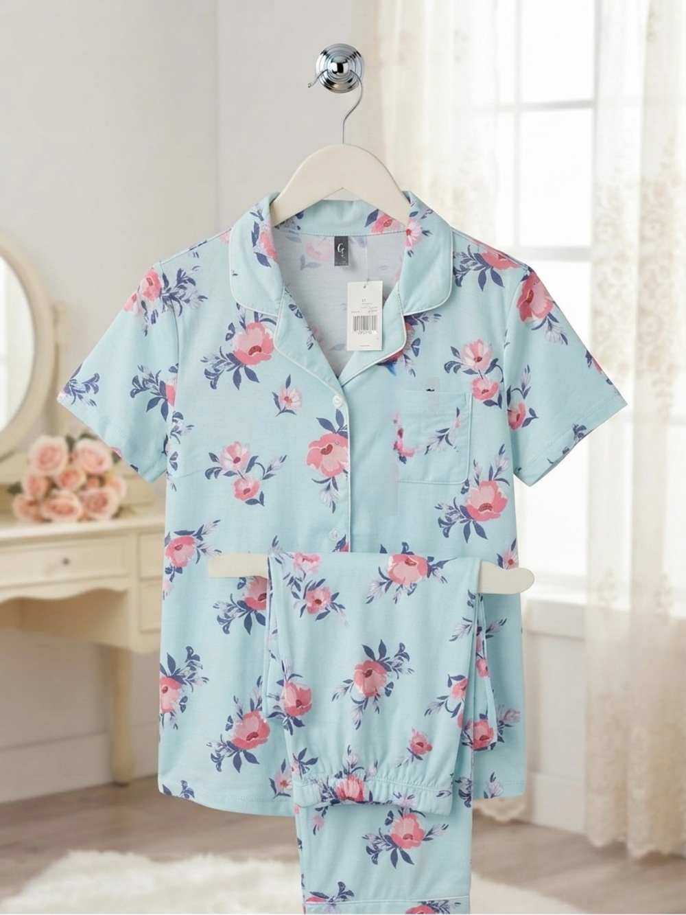 NWT PJ COUTURE 2PC SS FLORAL LOUNGE TOP & BOTTOM PAJAMA LARGE SET NWT